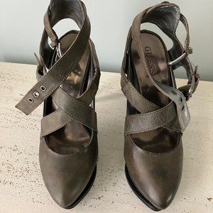 Guess Gray Leather Strappy Platform Heels, Size 8 M